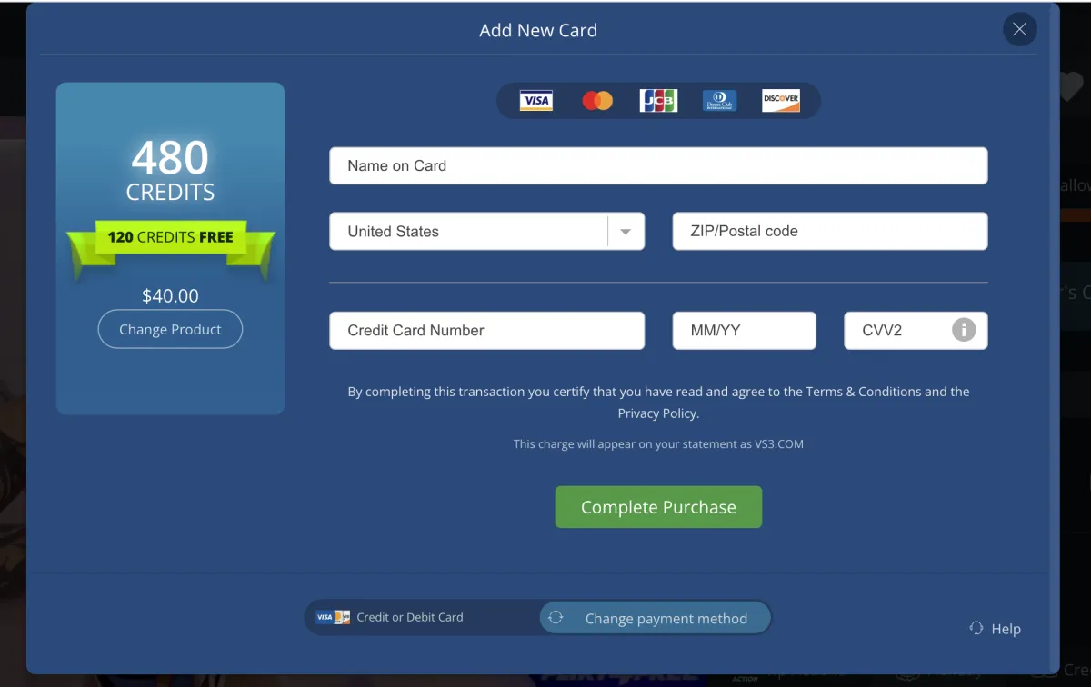 Flirt4Free Add New Card form for the 480-credit pack with 120 free credits at $40, with the note that the charge will appear as VS3.COM