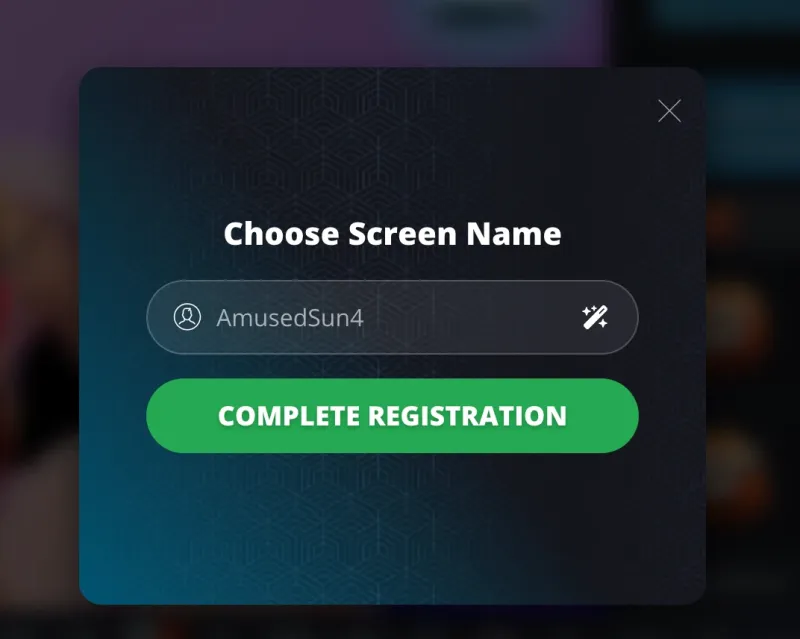 Flirt4Free Choose Screen Name window with a suggested name, AmusedSun4, and a Complete Registration button