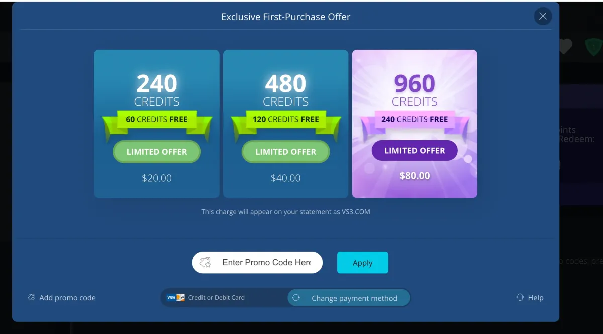 Flirt4Free Exclusive First-Purchase Offer: 240 credits plus 60 free for $20, 480 plus 120 free for $40, 960 plus 240 free for $80, with a promo code box and the note that the charge appears as VS3.COM