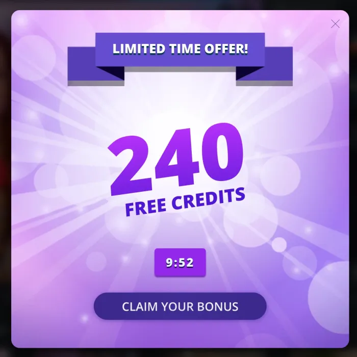 Flirt4Free pop-up: Limited time offer, 240 free credits, countdown at 9:52, Claim your bonus button