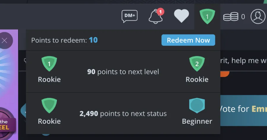 Flirt4Free Rewards menu: 10 points to redeem, level 1 Rookie, 90 points to level 2, 2,490 points to the next status, Beginner