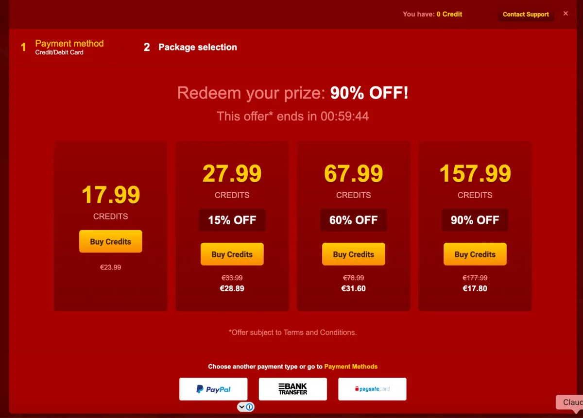 LiveJasmin checkout showing 90% off: 17.99 credits €23.99, 27.99 credits 15% off €28.89, 67.99 credits 60% off €31.60, 157.99 credits 90% off €17.80, offer ending in 59 minutes