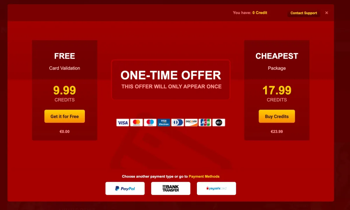 LiveJasmin one-time offer: 9.99 free credits for card validation at €0.00, next to the cheapest package, 17.99 credits for €23.99